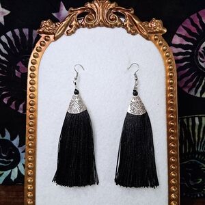 Black Tassel Earrings Silver Hardware French Hook Fish Hook Silky